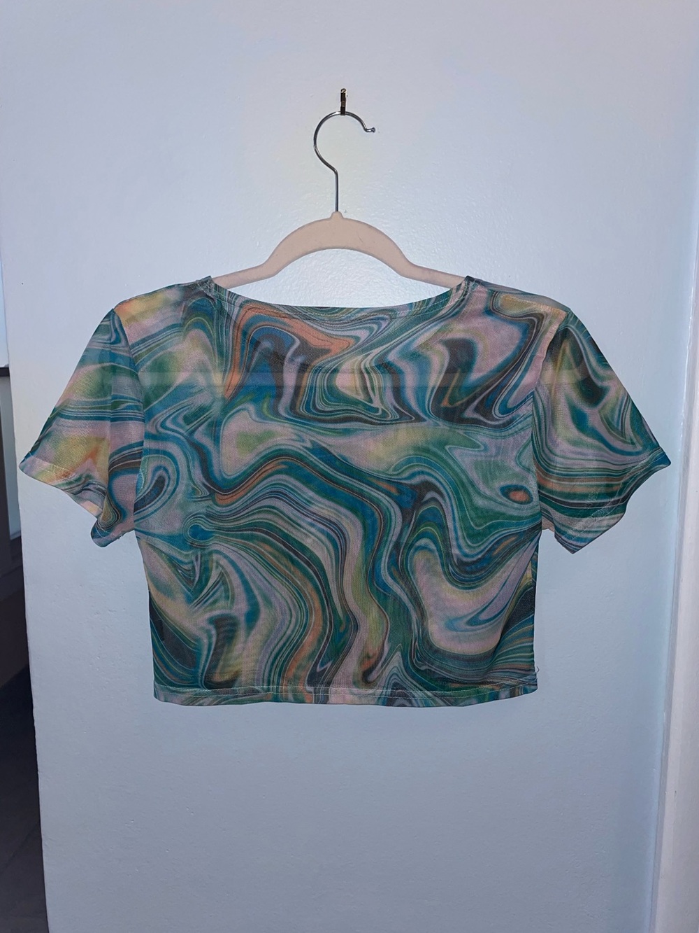 Womens Short Sleeve Swirl Print Mesh Top - Teal Multi - Picture 3 of 4